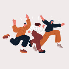 Vector illustration of the concept of three people running excitedly with arms spread out, hurrying to go somewhere
