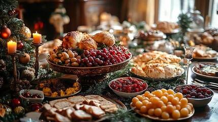 Flat design holiday feast in a Victorian-style dining room with vibrant food ornate decor and festive colors