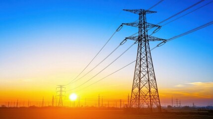 Fototapeta premium Steel Pylon and High Voltage Power Lines at Sunset