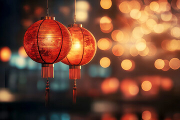 Traditional red Chinese lanterns hanging in a row glowing warmly