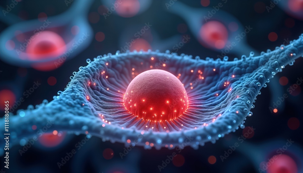Poster Microscopic view of cell in metaphase. Microtubules form circular array around chromosomes ensuring proper alignment. Red glowing points represent energy molecular interactions. Cell structure shows