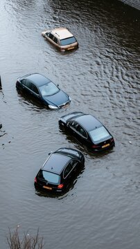 High angle view of a flooded parking lot at an outdoor shopping center with cars underwater after a spring downpour and strong winds