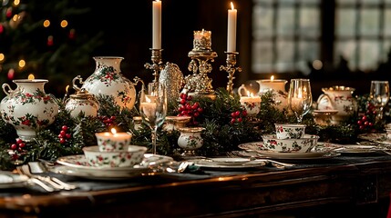 Maximalist Christmas dining table set with vintage decor tall candles and festive dishes in a Victorian-style setting