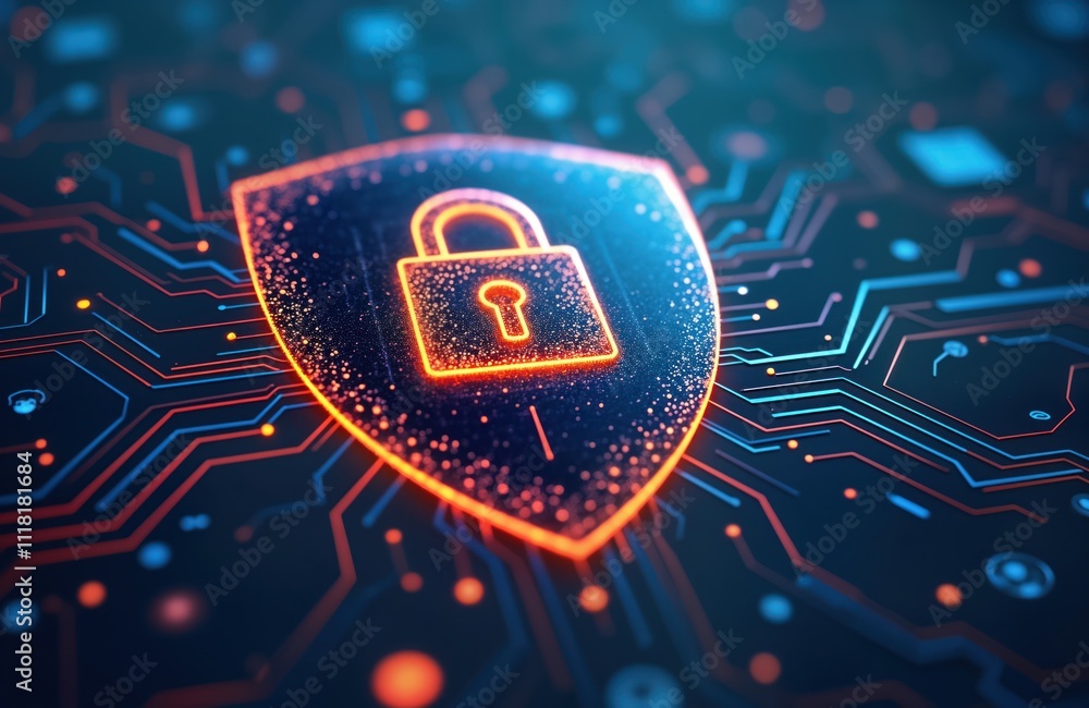 Aufkleber digital data protection concept. security shield with glowing lock icon on tech circuit board. illus