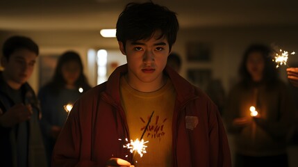 Fototapeta premium A cinematic capture of students counting down from 10 while holding sparklers during an indoor New Year celebration.
