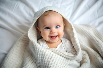 foto Baby, child, kid. Portrait of a little baby ,boy or girl covered by a blanket. Adorable, baby boy or girl with a charming, sweet smile ,in a bed. Realistic minimalistic ,style photo