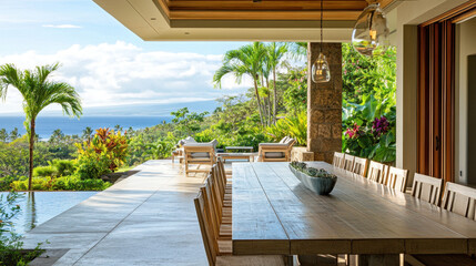 Obraz premium Elegant outdoor dining area overlooking a lush tropical landscape with ocean views, featuring wooden furniture and modern design elements.