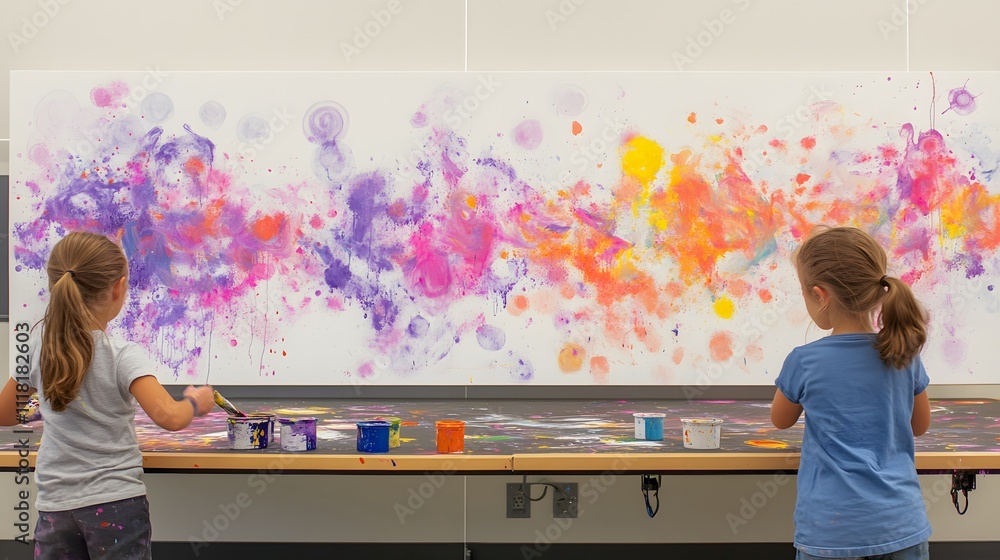 Poster a cinematic capture of students creating fireworks artwork with paint splatters on a large canvas.
