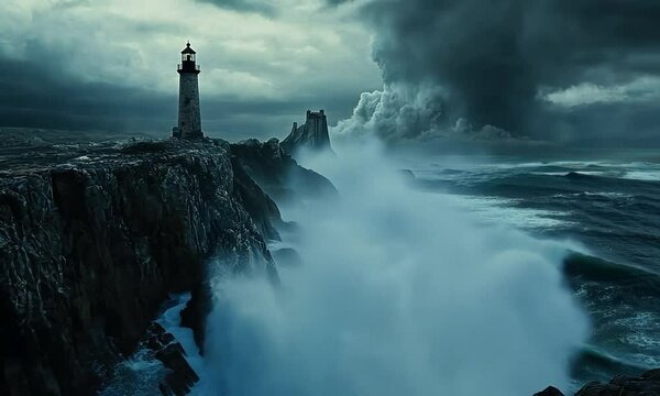 Big waves crashing into the lighthouse reef