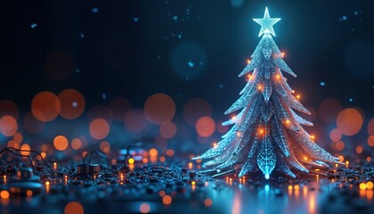 Festive digital Christmas tree design with brilliant circuits. Modern tech tree decorated with glowing lights. Cybernetic, holiday theme. Glowing lights create futuristic holiday visual. New age art.