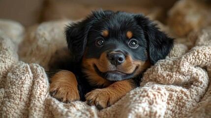 Adorable Rottweiler puppy nestled in a cozy blanket, looking playfully at the camera.
