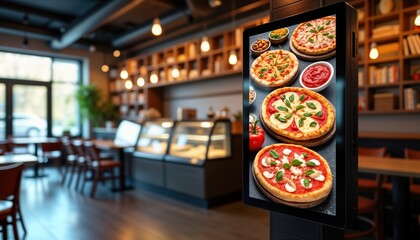 Digital menu board displays various pizzas, Italian dishes in modern pizzeria. Interior shows comfy seating area, display cases. Tech-savvy eatery uses visual menu system for ordering. Modern decor.