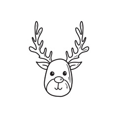 Raindeer head with horns in black isolated on white background. Hand drawn vector sketch illustration in doodle engraved vintage line art style. Merry Christmas symbol, Happy new year