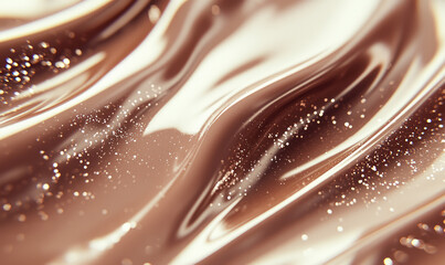 Stylized slime spread in a blend of mocha mousse colour, glossy and reflective, with embedded fine glitter for a sparkling effect, Demonstrating color of 2025