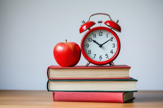 Classic school setting with red apple, alarm clock, and books symbolizing education and time management