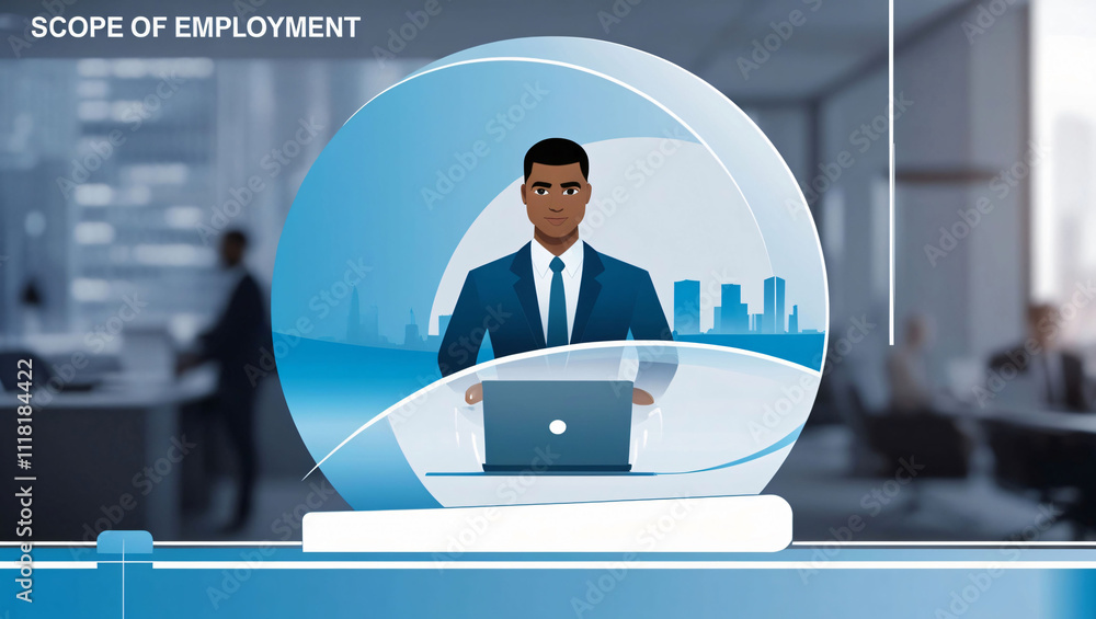 Poster exploring the scope of employment in a modern office setting with professional characters and graphi