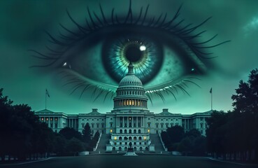 Government capitol building at night under watchful eye. Big brother concept. Surveillance imagery. Government overreach. Creepy feeling from eye. Dark, ominous tone. Dark green, teal colors create