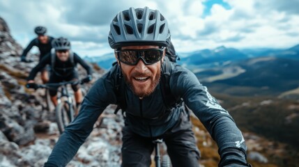 Three cyclists, led by a man in dark gear and sunglasses, navigate a rugged mountain trail, showcasing determination and camaraderie against a scenic backdrop.