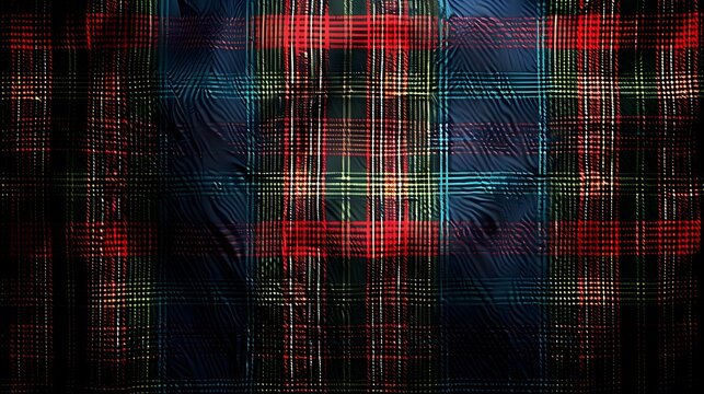 Abstract plaid pattern with dark colors and textured effect.