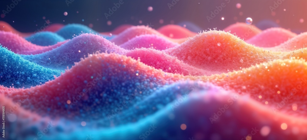 Fototapete Vibrant multicolored 3D abstract wave pattern. Colorful hills, wavy forms, glowing particles create dynamic visual effect. Liquid-like texture with smooth transitions between bright colours like red,