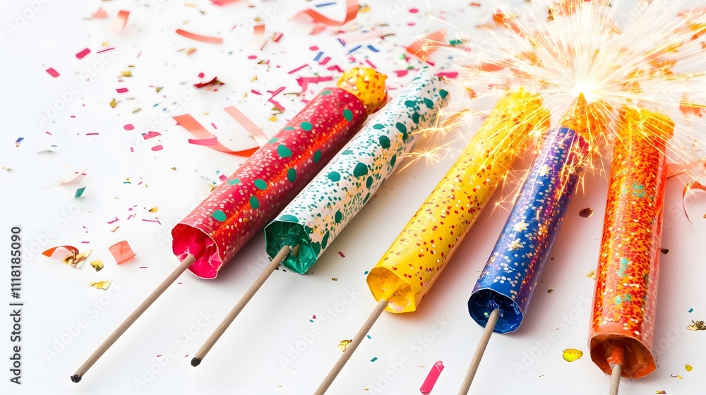Poster a dynamic display of colorful firecracker-shaped party favors alongside new year banners and sparkle