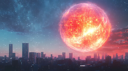 A glowing globe with a core illuminated by digital data sets against an abstract skyline, representing the integration of global communication and data networks. Aether. Illustration