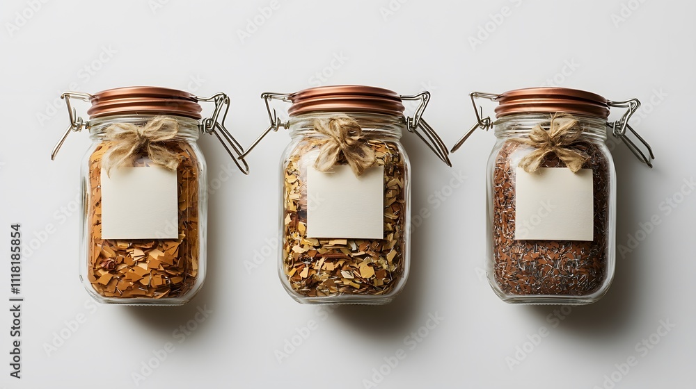 Poster a minimalist set of new year resolution jars labeled with inspirational quotes and filled with tiny 