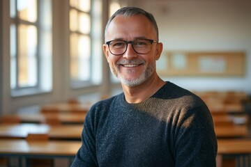 Warm smile of an elderly man with glasses in a welllit classroom setting, conveying a sense of wisdom and experience, ideal for educational or mentorship contexts.