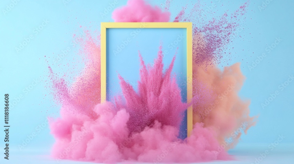 Poster in a dynamic display, vibrant pink and peach powders explode from a colorful frame, contrasting beau