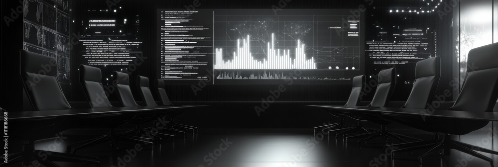 Poster advanced data analysis in modern conference room with digital displays