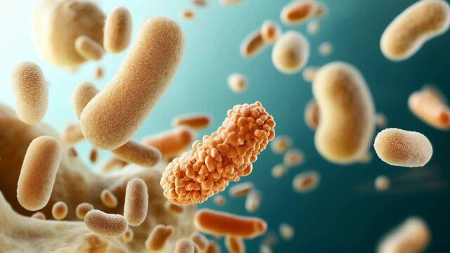 3D rendering of microscopic bacteria with various textures and shapes on a gradient blue background. The image highlights the diverse surface textures and structural details of the bacteria.