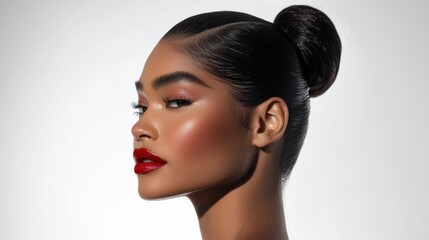 Naklejka premium Elegant model with sleek bun studio fashion portrait minimalist style side profile high fidelity