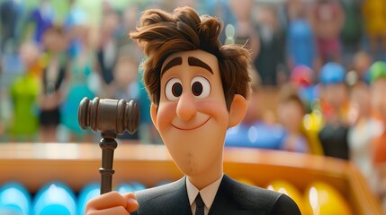 Animated character, a judge, holding a gavel, smiling and looking at the camera, in a public setting.
