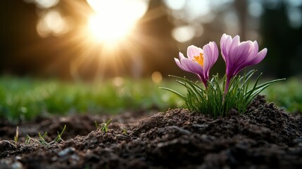 A pair of delicate pink crocus flowers stand illuminated by the golden rays of the sun, offering a...