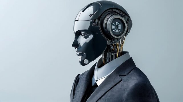Side profile of a humanoid robot wearing a business suit. The robot features a sleek, metallic head with exposed wiring and a visible circular light pattern on the side.