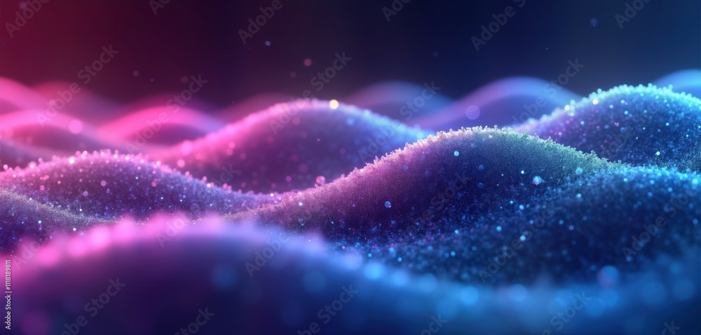 Poster abstract design with vibrant neon wave patterns. glowing particles create textured hills, valleys. d