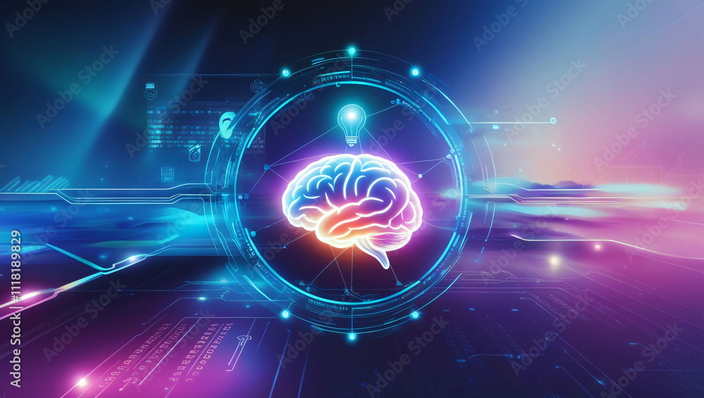 Poster illuminated brain with digital circuit elements representing technology and innovation concepts