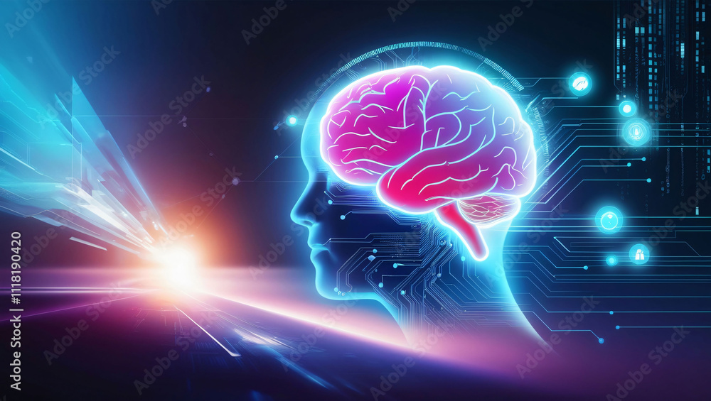 Poster illuminated brain with digital circuit elements representing technology and innovation concepts