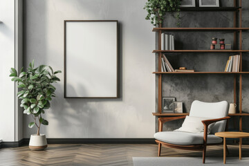 Modern living room with wooden furniture and blank frame for custom art display