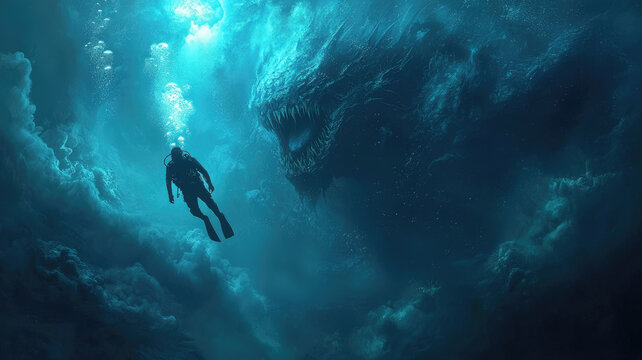 Diver encountering enormous sea monster in deep ocean waters