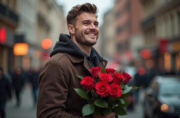 handsome man smiling and holding a bouquet of red roses. blurred city street background