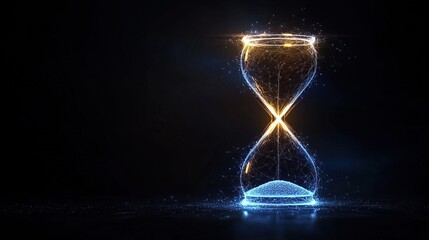 Futuristic hourglass, glowing lines, digital art, time concept, abstract background, technology theme, dark background, energy, motion, elegant design.