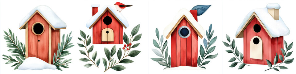 Four charming red birdhouses adorned with snow and greenery, perfect for winter decor.