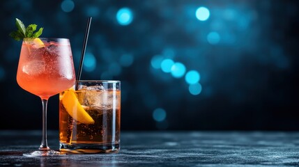 Two artistic cocktails on a chic dark bar, complete with elegant garnishes and contrasting glasses, are beautifully illuminated with ambient blue light bokeh.