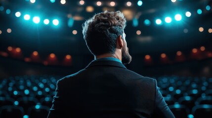 A silhouetted man in a formal suit stands on a theater stage bathing in warm lights, capturing the essence of performance, ambition, and artistic pursuit.