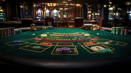 Casino blackjack table with chips and cards.