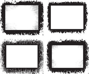 four black and white frames with grunge texture, Vintage Curated Set of Rustic Elegance grunge photo frame border with halftone dot texture, Four Distinct Grunge Photo Frames with Unique Textures 
