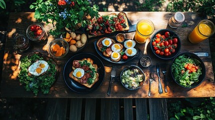 A vibrant outdoor breakfast spread featuring various dishes and drinks.