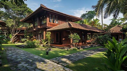 Luxurious wooden house in tropical garden with stone pathway.
