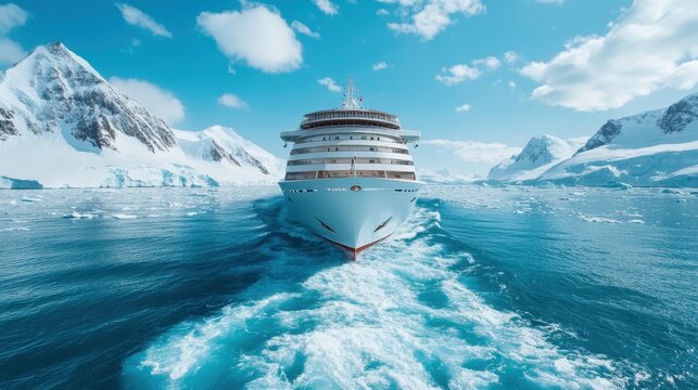 A grand cruise ship navigates through the icy waters surrounded by majestic snow-covered mountains, representing adventure and exploration under a clear blue sky.